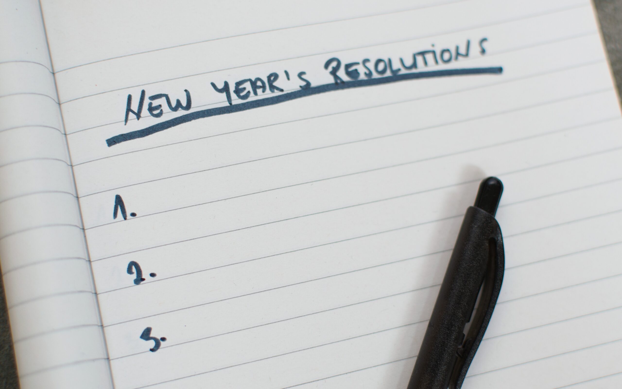 Sheet of paper with "New Year's Resolutions" written at the top with spaces numbered 1-3